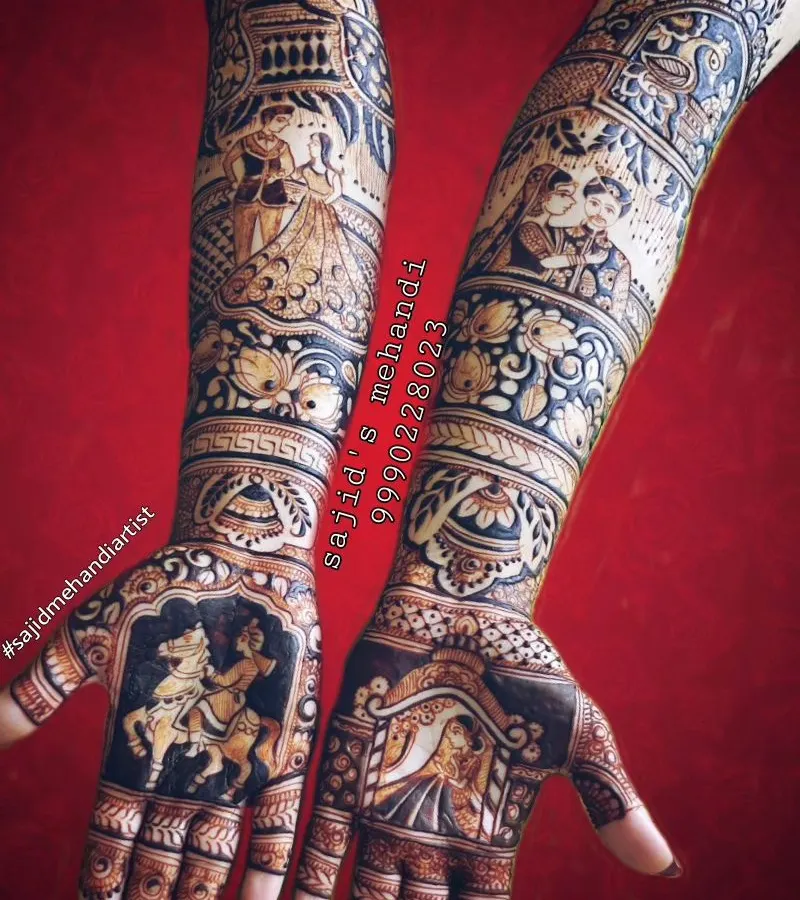 I love creating designs with bold contrast and rich storytelling. This full-arm bridal mehandi features a dynamic scene of the groom on a horse, a classic baraat motif, alongside a portrait of the bride. The deep, dark stain is a result of my high-quality, natural henna paste.