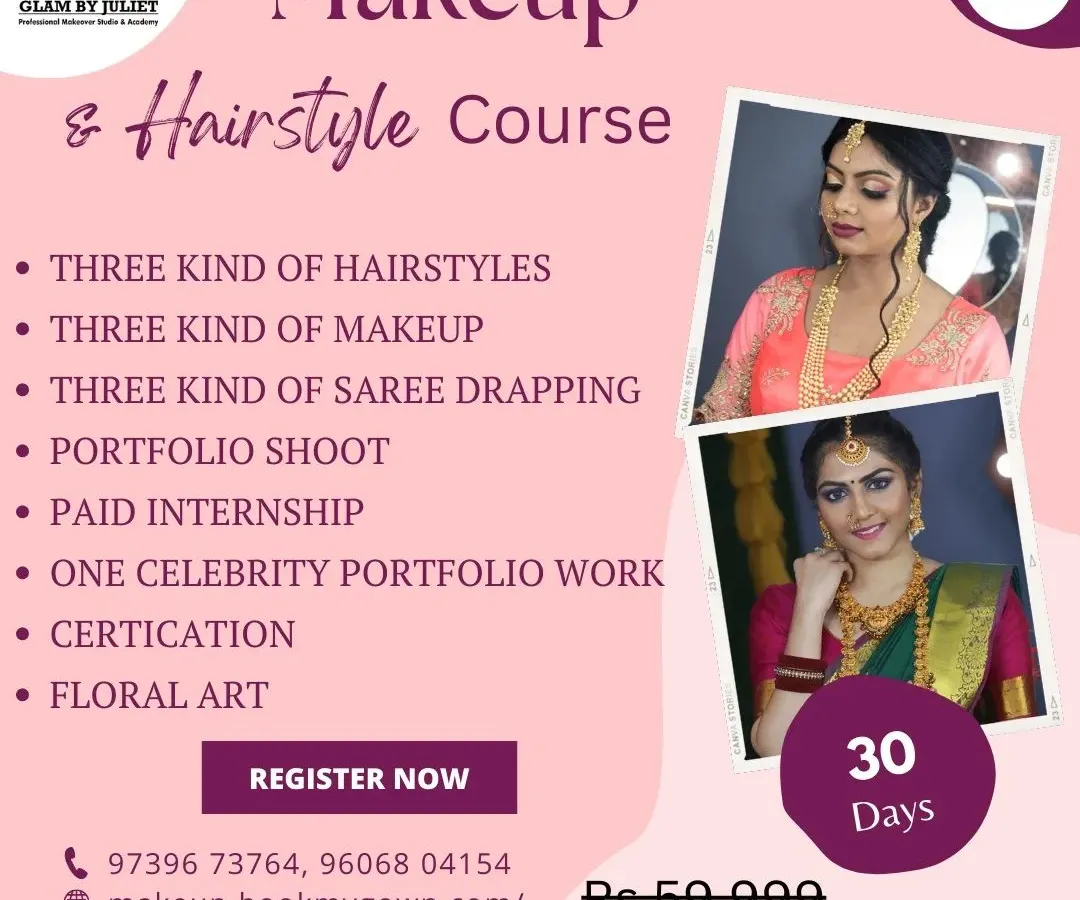 My 30-Day Pro Makeup and Hairstyle Course is perfect for those ready to start their professional journey. This graphic shows you everything included, from learning three distinct makeup and hairstyle looks to saree draping, a paid internship, and even a portfolio shoot with a celebrity to give your career a real boost.