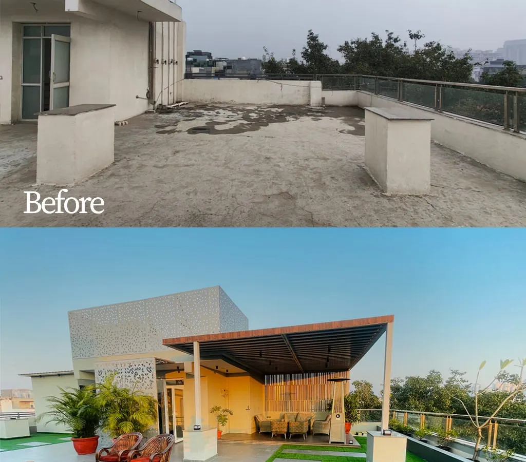 I believe every empty rooftop holds the potential for paradise. This before and after shows a complete terrace transformation, turning a barren concrete slab into a lush, multi-zone garden with artificial grass, a shaded pergola for dining, and comfortable seating areas. This is how we create a true extension of your home.
