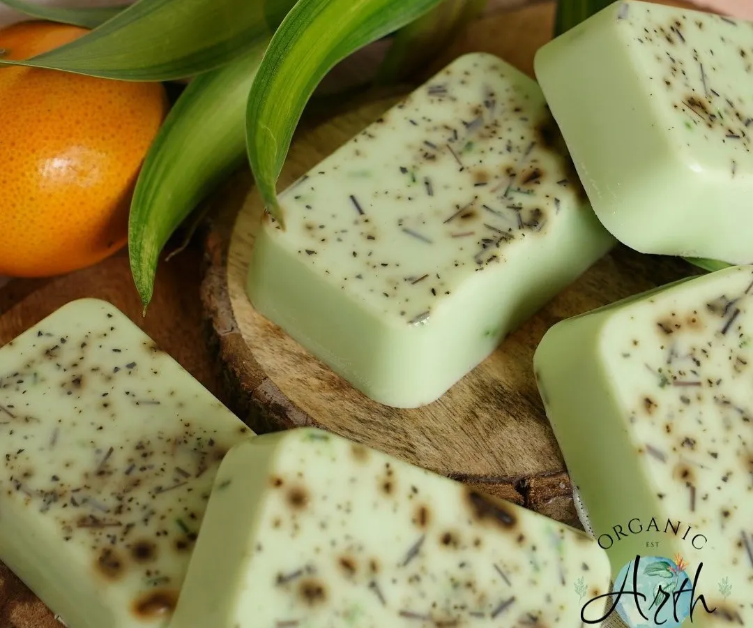 This is my "Green Terminator" soap, made with lemongrass and green tea. It's a customer favorite not just for its fresh scent but because the citronella in it naturally helps keep mosquitoes away.