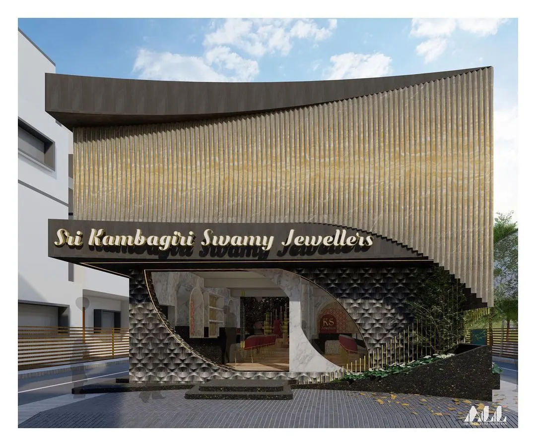 Here is the same retail facade in daylight, revealing the intricate details of the design. The contrast between the dark, geometric base and the sweeping curve of the upper structure creates a dynamic visual tension, establishing a powerful brand presence.