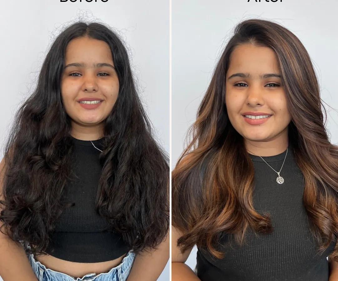 This is the power of a great hair color transformation. Here you can see a before and after of our Matryoshka balayage technique, which adds depth, dimension, and a healthy shine. Our students learn how to achieve these results for their own clients.