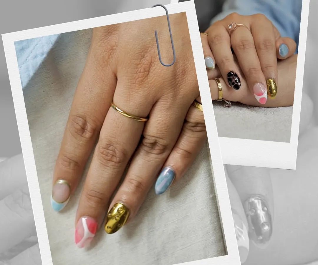 For when you want your nails to be the main event. This set shows the creative possibilities we can explore, combining different nail art techniques like gold chrome, abstract patterns, and bold color blocking for a truly unique look.