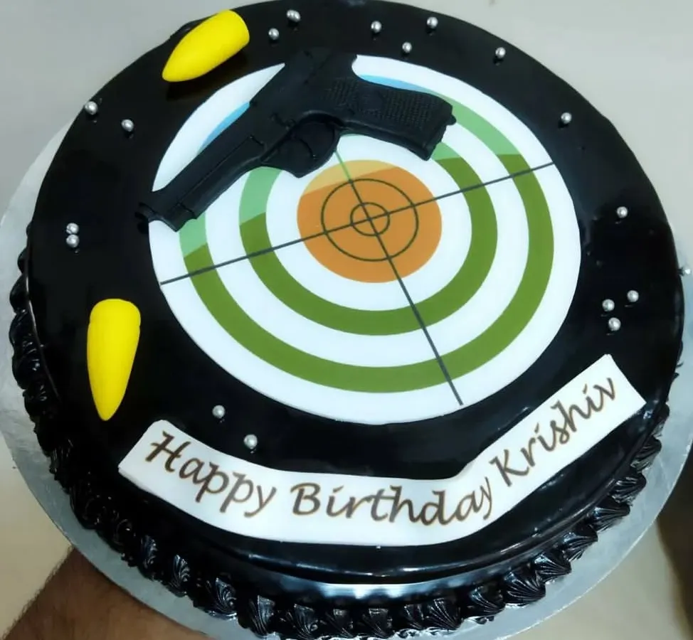 We love getting creative with our celebrations. Here is a custom shooting-themed birthday cake for one of our young shooters, complete with a target, a pistol, and bullets. It’s a detail that makes a birthday party in Mumbai truly unique.
