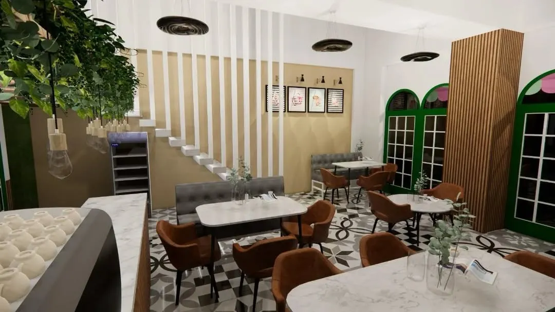 Here is a 3D visualization for a cafe design. My goal was to create a warm and inviting atmosphere with a mix of textures, including patterned tiles, wood paneling, and lush greenery. The design features varied seating options like plush booths and intimate tables to cater to different customer groups.