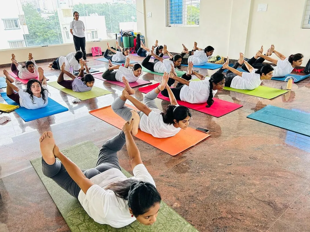 A full class of dedicated students moving together in Dhanurasana, or Bow Pose. This image captures the collective energy and focus we cultivate in our group sessions, where everyone supports each other's practice.
