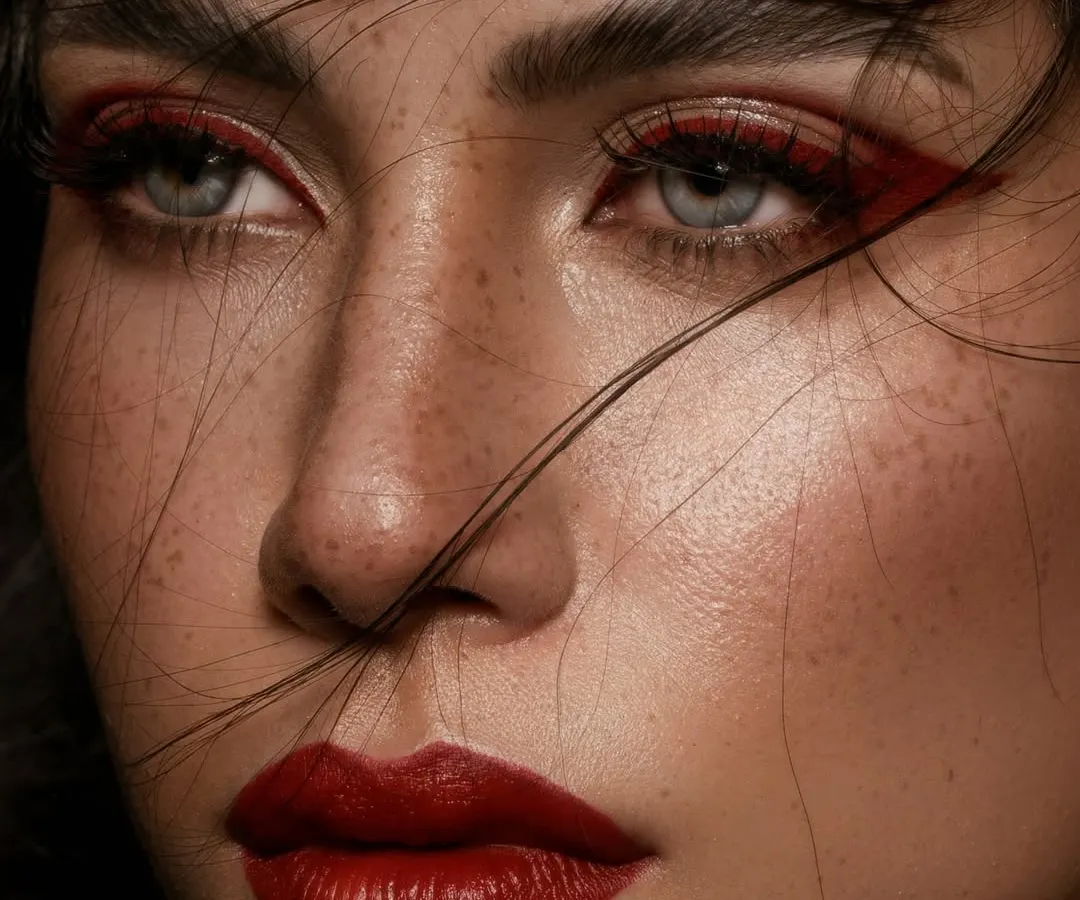 An exploration of texture and tone. This macro beauty shot highlights the sharp, graphic lines of the makeup against the soft, real texture of the skin, complete with natural freckles. It's a celebration of unapologetic, modern beauty.