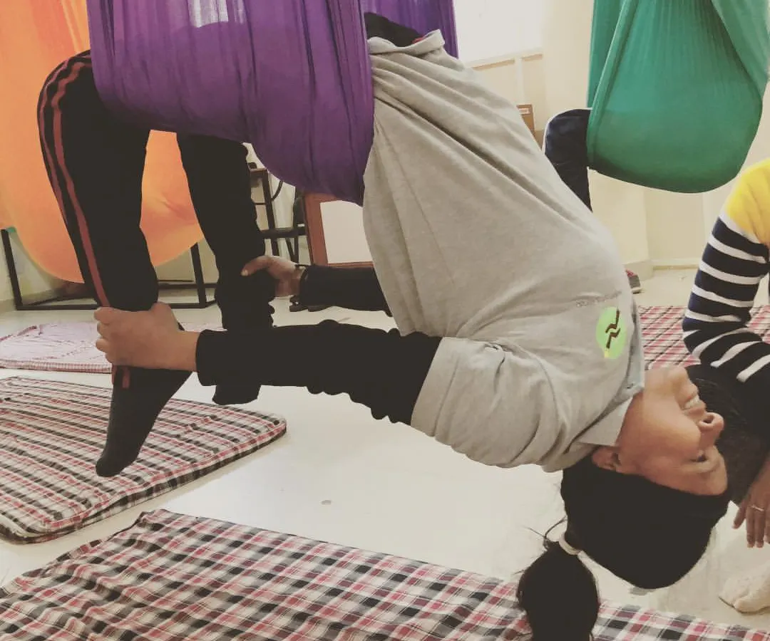 I was deeply honored to introduce aerial yoga as a therapeutic tool for individuals with spinal cord injuries. Using the hammock for support allows for gentle decompression and movement, and it was an incredibly moving experience to guide these heroes.