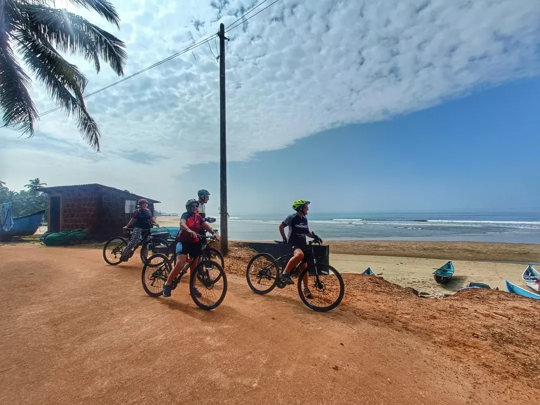 There's nothing like the feeling of the sea breeze as you cycle along India's stunning west coast. This shot from our 10-day Mysore to Goa adventure captures a moment of pause, taking in the pristine beaches and endless ocean views before we pedal on.