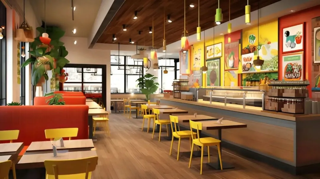 For this quick-service restaurant, we created a bright and energetic ambiance that reflects the brand's fresh identity. The design uses a bold color scheme with yellow and red, varied seating options including booths, and custom lighting to craft a welcoming and lively dining experience.
