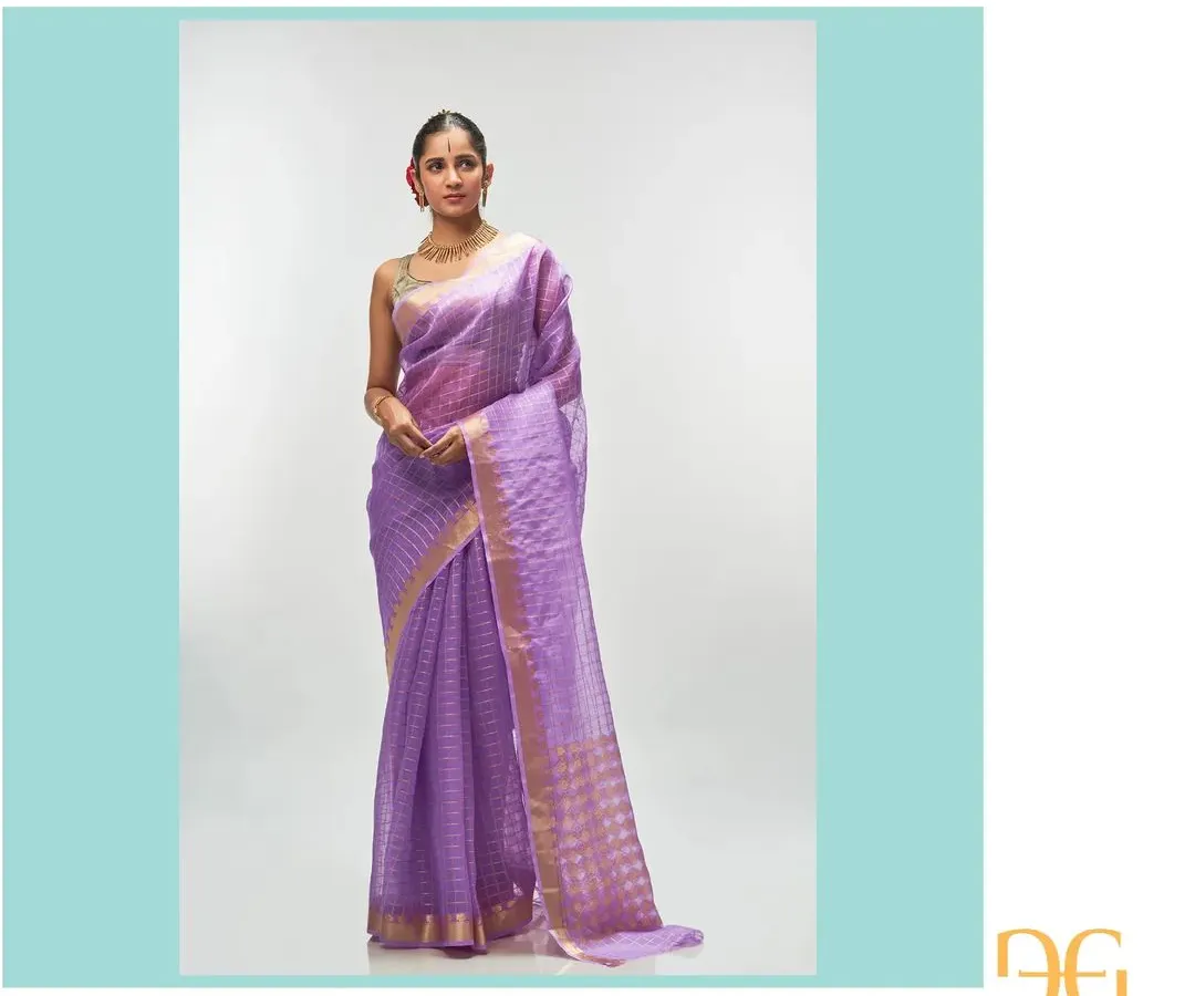 From my Champa collection, this ethereal African Violet silk organza saree is exceptionally lightweight and festive. It is woven with delicate gold zari checks, and the pallu features an interesting play of geometric and floral motifs, creating a dreamy and sophisticated drape.