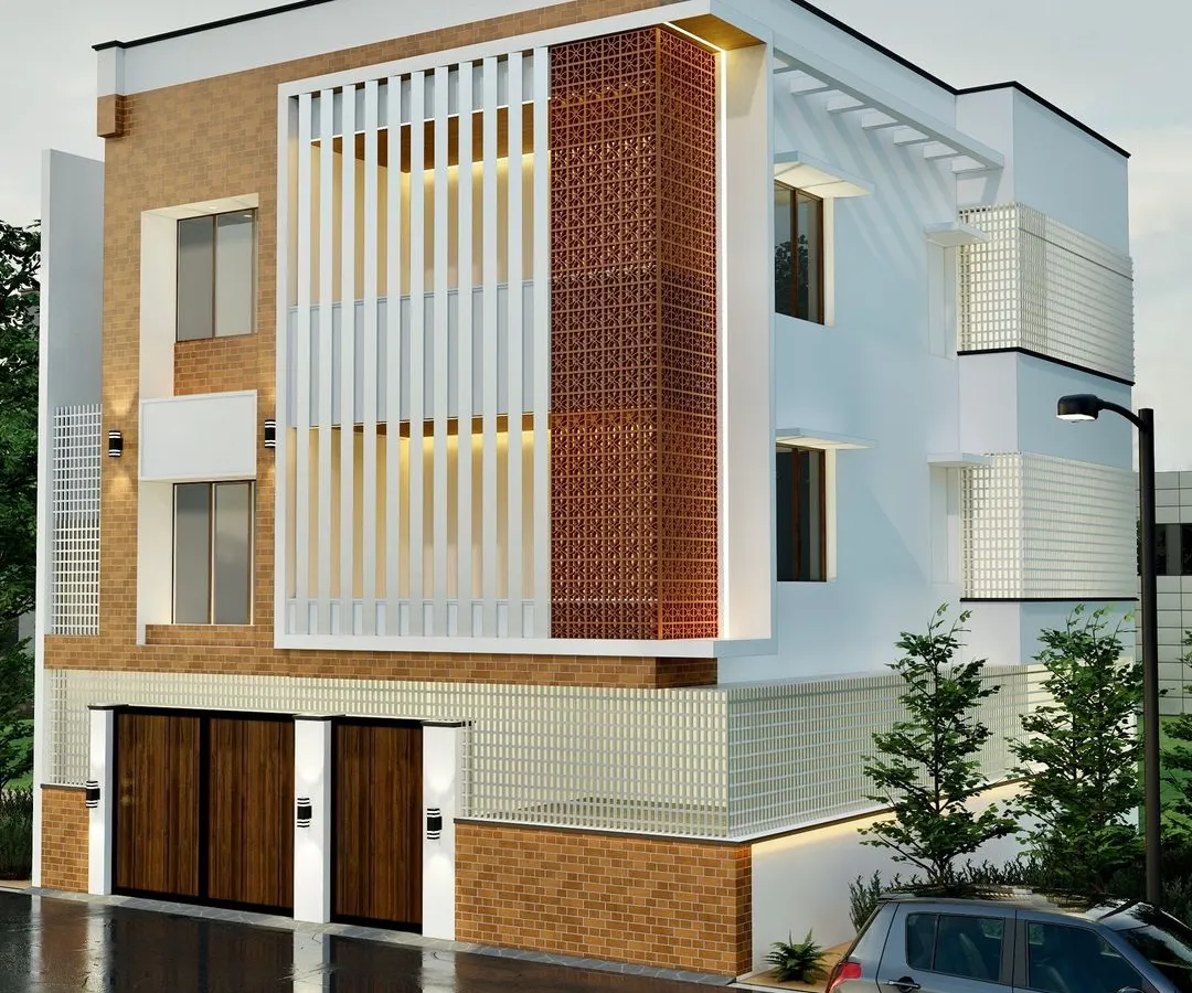 A modern residence where traditional jaali brickwork creates a dynamic play of light and shadow. This facade design is a testament to my love for blending heritage materials with clean, contemporary lines to build homes that feel both new and timeless.