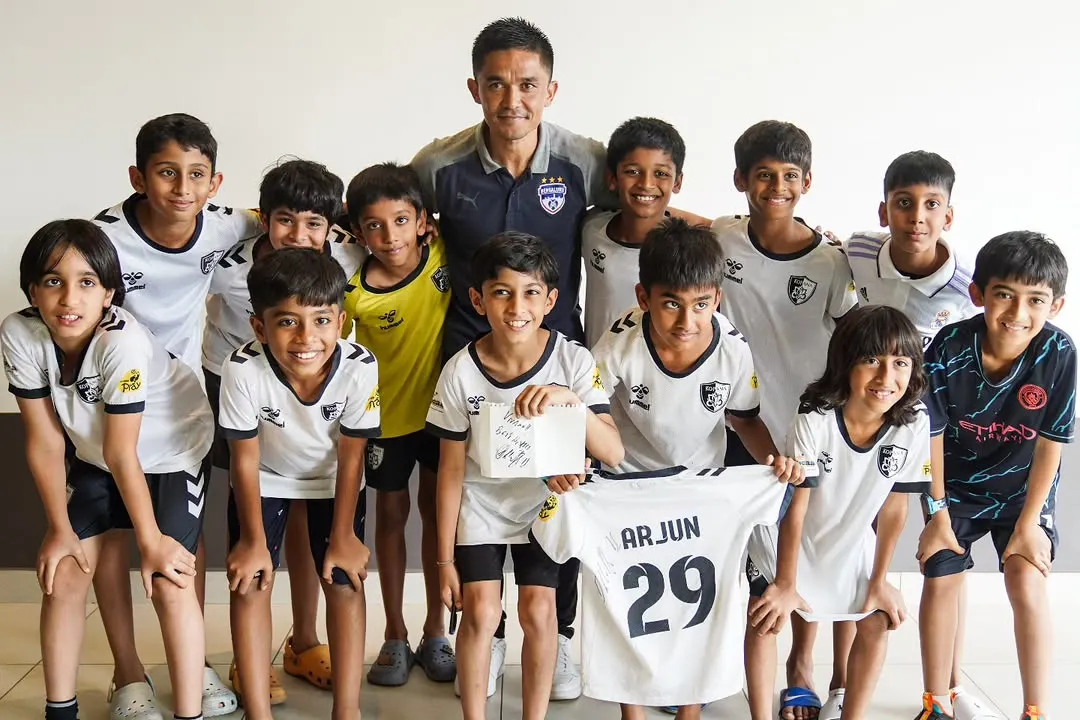 A moment of inspiration for our team, posing with Indian football legend Sunil Chhetri during our high-performance camp with Bengaluru FC.
