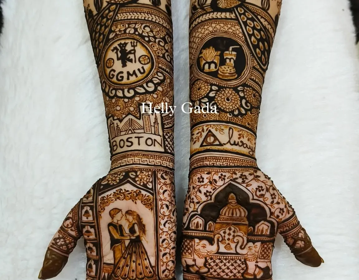 Your mehndi should be all about you. For this bride, I included the Boston skyline, her love for Manchester United, and even some fast food favorites. Bol! Tell me your story, and I'll draw it.