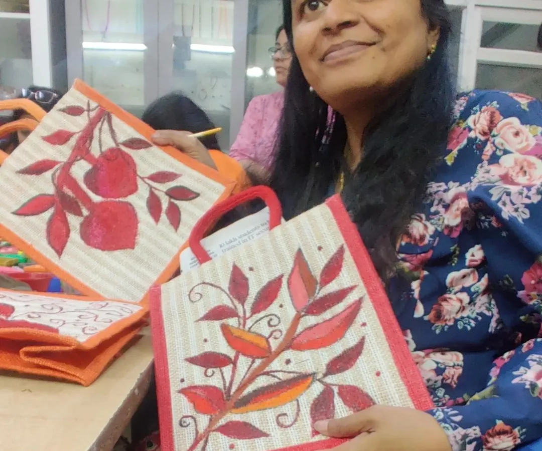 Here is a beautiful, hand painted jute tote bag from one of my fabric painting workshops. It is wonderful to see participants create something so practical and artistic that they can use every day.