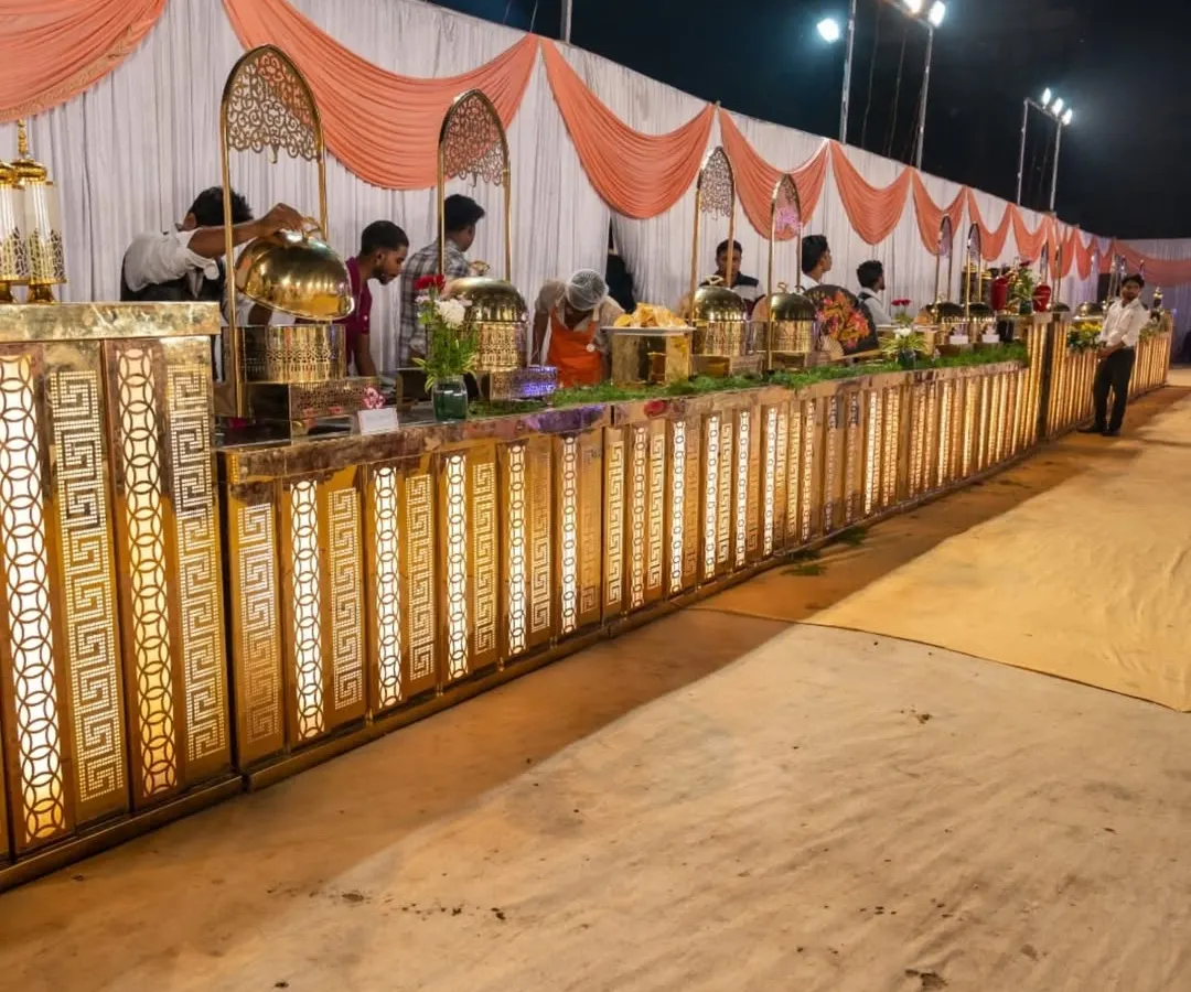 This is our 'Royal' buffet setup, perfect for weddings and grand receptions in the Panvel area. The illuminated counters and elegant decor create a premium dining experience for your guests.
