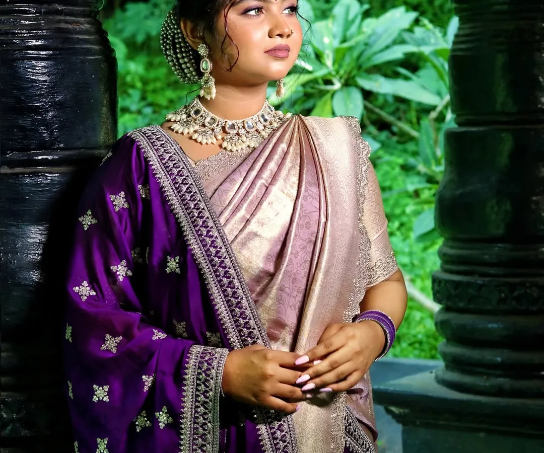 A modern bride with a touch of tradition. I balanced a contemporary soft glam makeup style with this gorgeous purple and gold saree, creating a look that is both timeless and fresh. The focus is on radiant skin and letting her natural beauty shine.