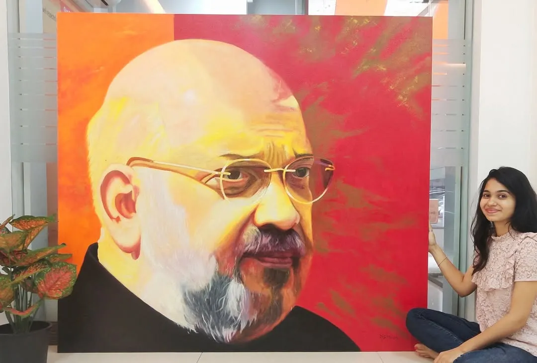 Here I am with one of my largest commissions, a 5.5-foot portrait of Mr. Amit Shah. Creating large-scale statement pieces like this is a challenge I love, focusing on every detail to honor the subject. This piece is a testament to what's possible with oil on canvas.