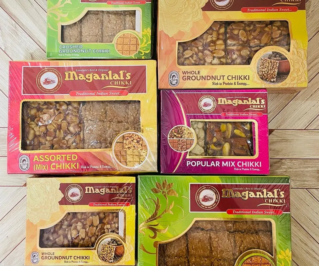 The original Maganlal Chikki, sourced directly from Lonavala. This image shows the variety I stock, including whole groundnut, crushed groundnut, and popular mixed nut chikkis.
