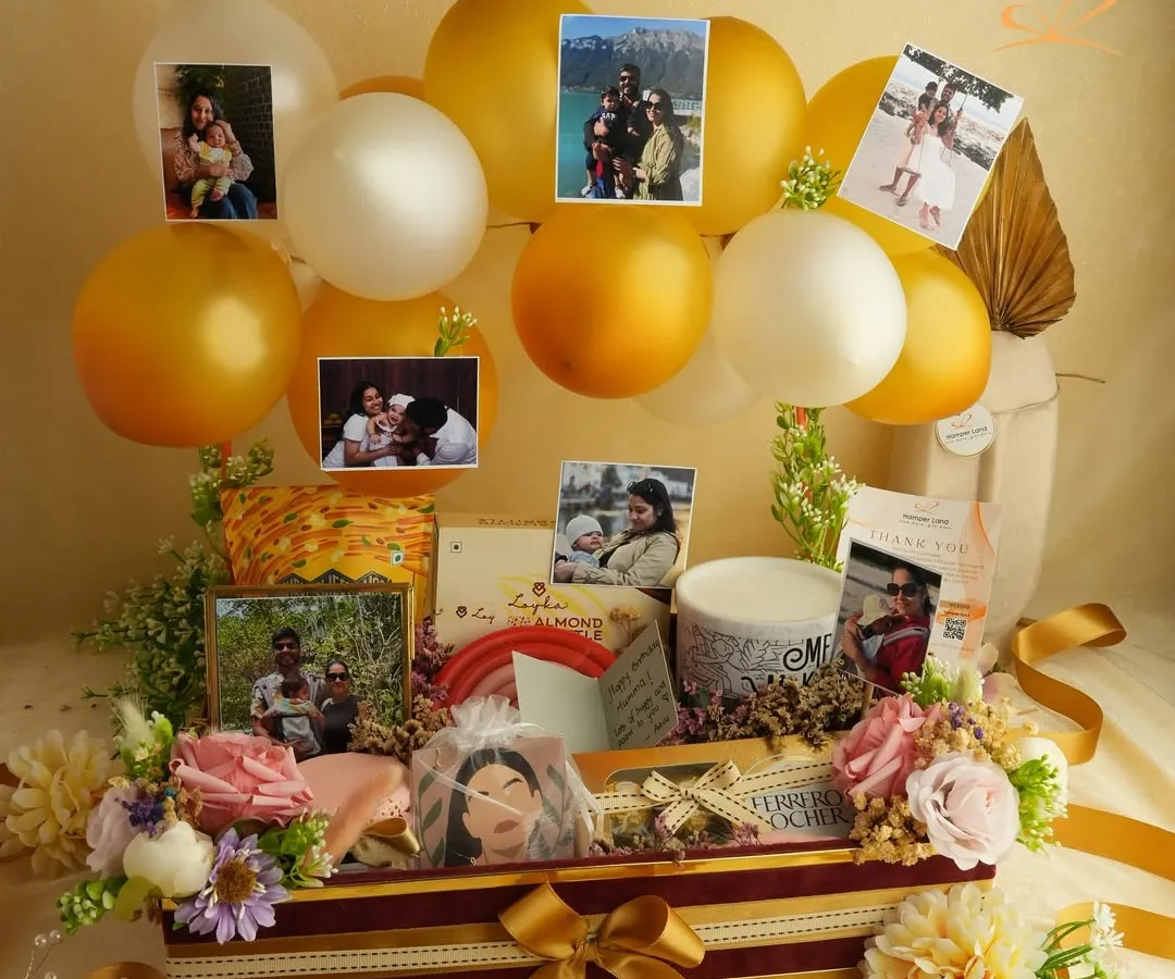 This is what personalization looks like. I created this special hamper featuring a collage of cherished photo memories, balloons, and handpicked treats to celebrate a unique bond. It’s more than a gift; it’s a treasure box of their favorite moments.