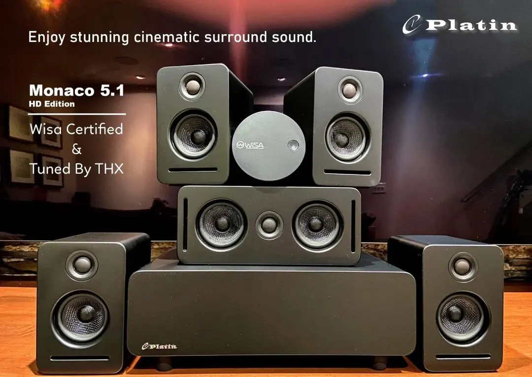 Here is the complete Platin Monaco 5.1 system I frequently install. It is WiSA Certified, which means it delivers uncompressed, high-definition audio wirelessly with perfect synchronization. The speakers are also tuned by THX, ensuring you hear every detail exactly as the movie director intended.
