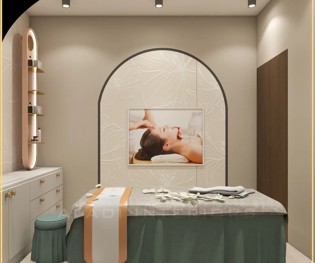 I design spa treatment rooms to be sanctuaries of calm. This 3D render highlights a serene aesthetic, featuring a soft, neutral color palette, an elegant arched feature wall with subtle texture, and custom-lit shelving for a touch of bespoke luxury.