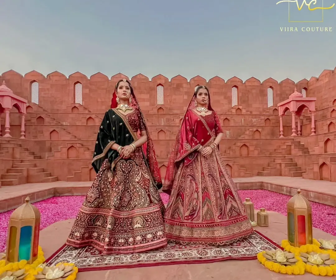 Be a royal bride on your big day. This shot captures the grandeur of my bridal lehenga collection, featuring two distinct yet complementary styles in rich velvet and intricate embroidery.