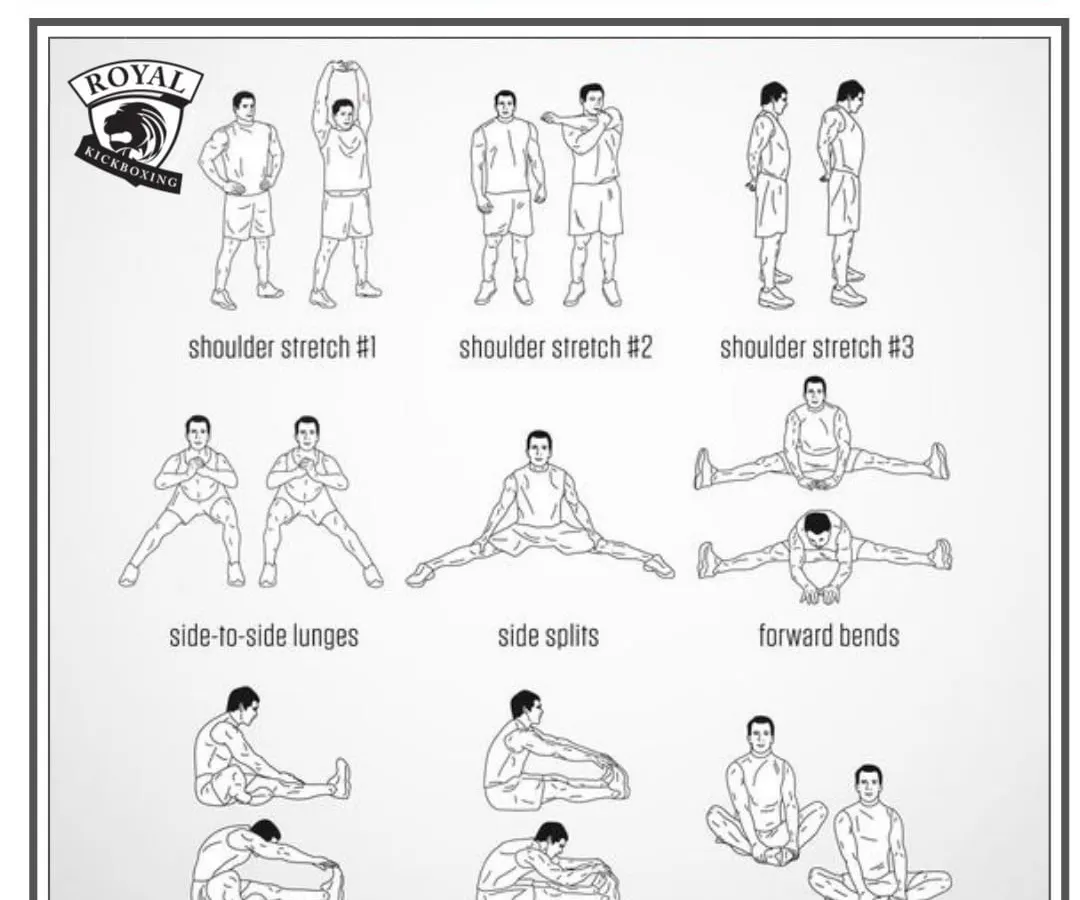 Proper preparation is key to safe and effective training. This chart outlines some of the fundamental stretching exercises we teach all our students, including children. Mastering these basics helps improve flexibility, prevent injuries, and prepares the body for more advanced kickboxing and self-defense drills.