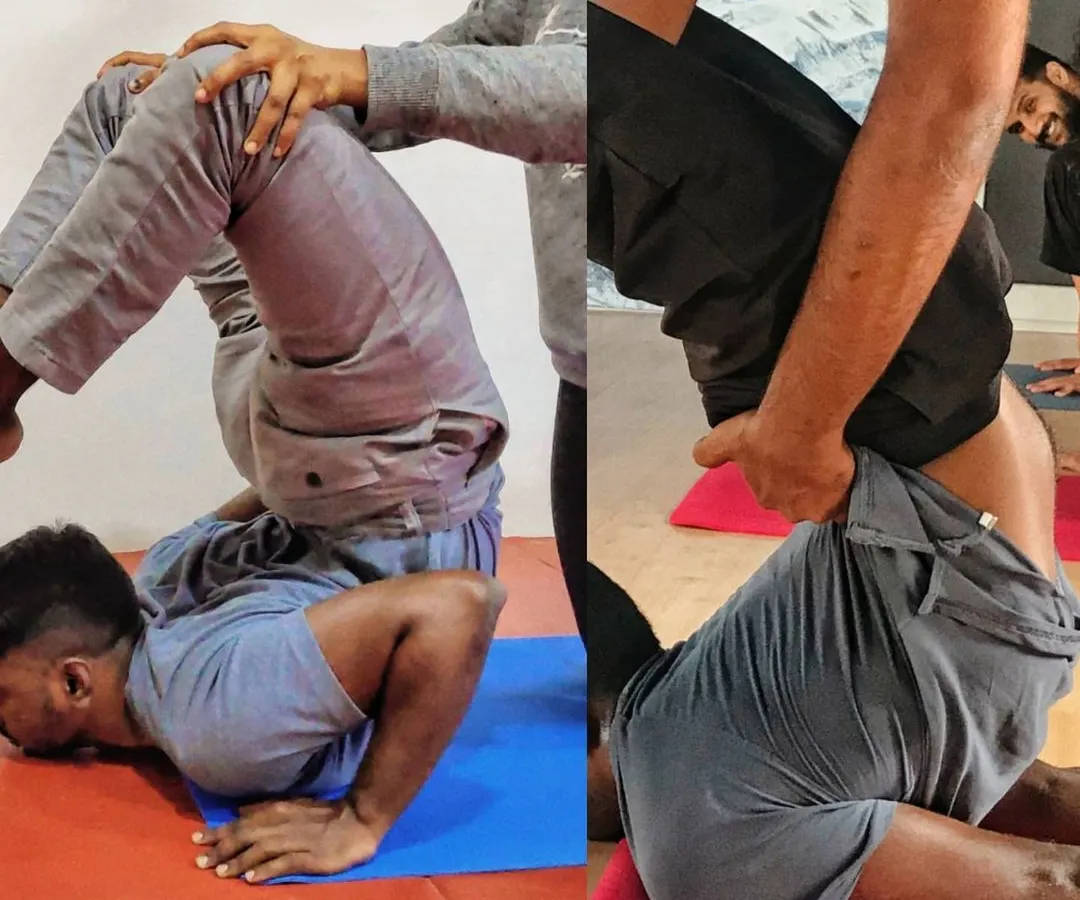 This shows my own progress in Vrischikasana (Scorpion Pose) over eleven months. The journey of recovery is not linear; it requires patience and trust in the process, a lesson I bring into every session with my students.