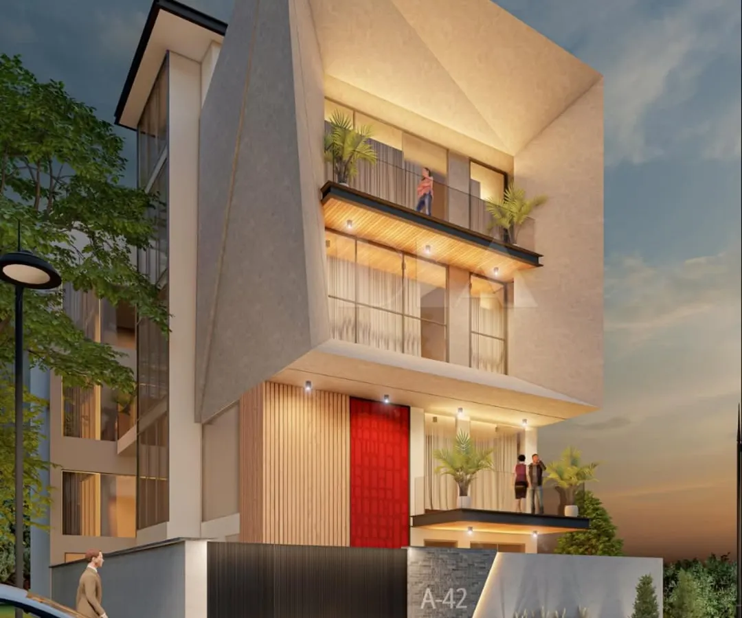 A conceptual design for a modern residence, showcasing bold geometric forms and a dynamic facade. We integrate planters and balconies at multiple levels to create a living building that connects with its urban surroundings.