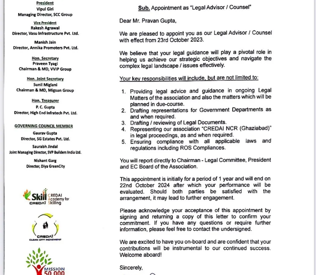 My appointment as Legal Advisor to CREDAI, the apex body of private real estate developers, underscores my deep expertise in real estate law. This role allows me to contribute to shaping a fair and effective legal landscape for developers and homebuyers alike.