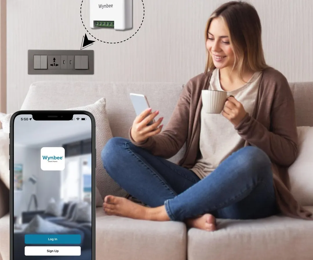 We make your existing home smart without any rewiring. This diagram shows how our compact smart relay module fits discreetly behind your current switchboard, instantly upgrading your home's electricals with app and voice control capabilities.