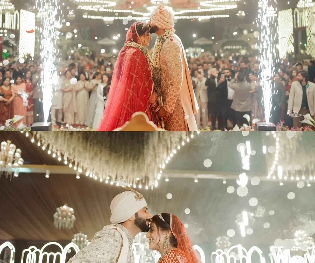 This is the moment. We capture the peak of the Varmala ceremony with dramatic lighting and pyrotechnics, creating a truly epic shot that defines luxury wedding photography.
