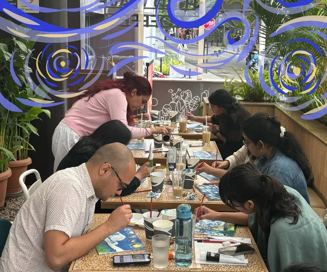 Here's a peek at one of my Starry Night painting workshops. It's a super chill vibe where everyone can relax, paint, and make new friends.