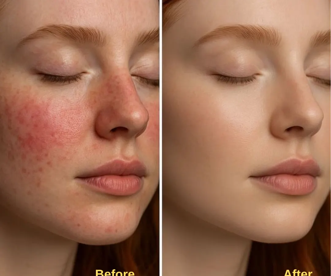 This is a powerful example of how my Ayurvedic approach works to rejuvenate skin from within. The 'before' image shows redness and inflammation, common signs of an imbalanced Pitta dosha. The 'after' image reveals calmed, even-toned skin, achieved by using gentle, cooling herbs like Manjishtha and Anantmool that purify the blood and restore the skin's natural balance.