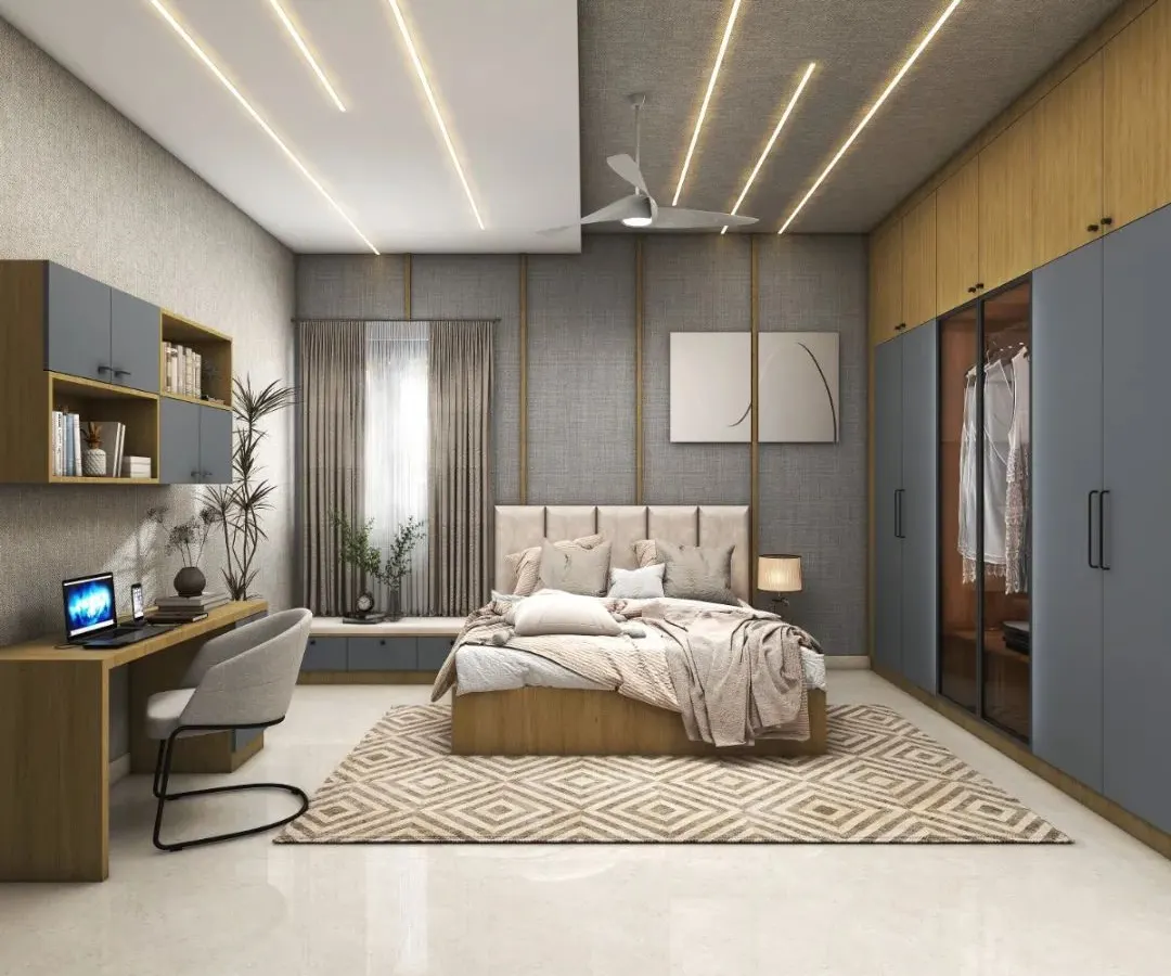 Your master bedroom should be a sanctuary. We specialize in creating multi-functional master suites like this one, featuring integrated wardrobes, a dedicated work-from-home study desk, and layered lighting to create the perfect ambiance for rest and productivity.