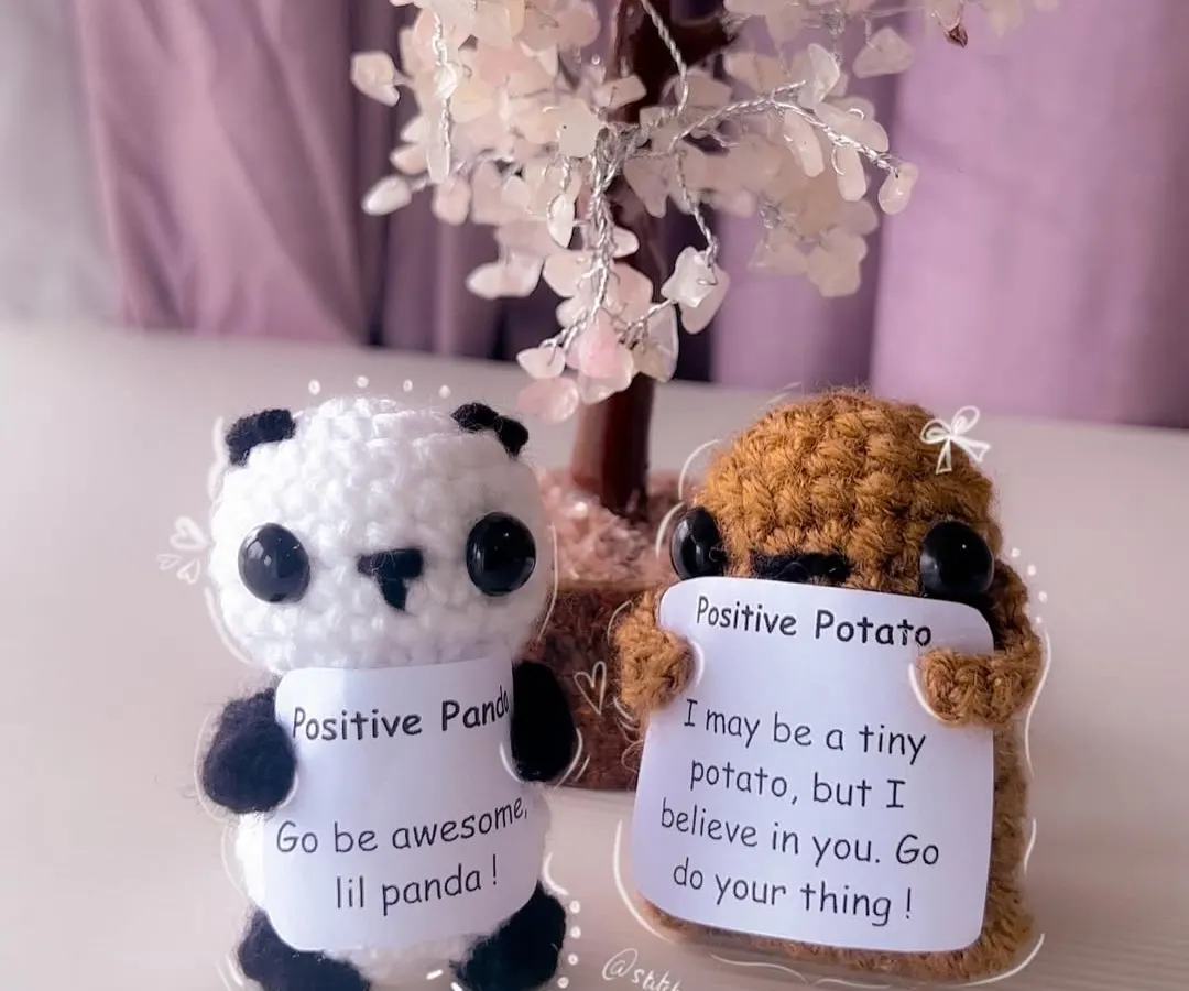 My two most popular desk buddies, the Positive Panda and Positive Potato. They come with little motivational signs to keep you going through long days.