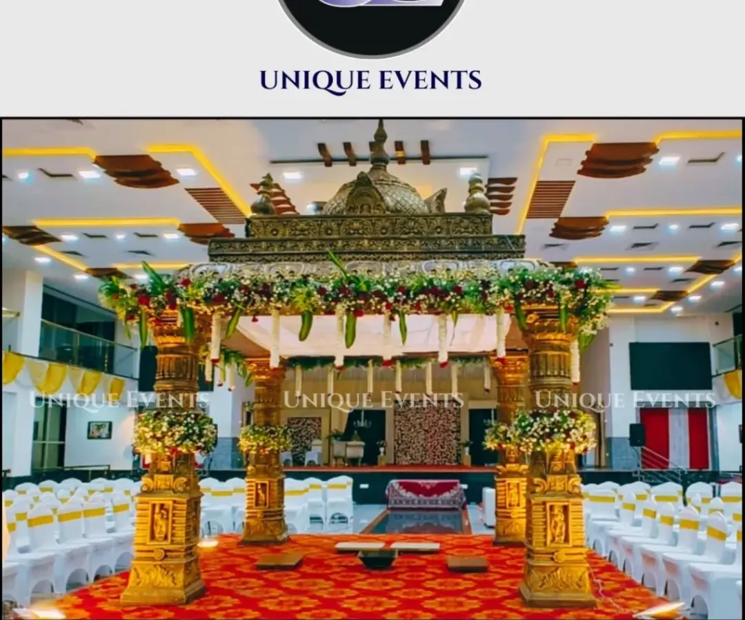 For this wedding, we constructed an ornate, traditional South Indian mandap. The design features intricately detailed golden pillars and a classic floral canopy, creating a sacred and majestic space for the ceremony.