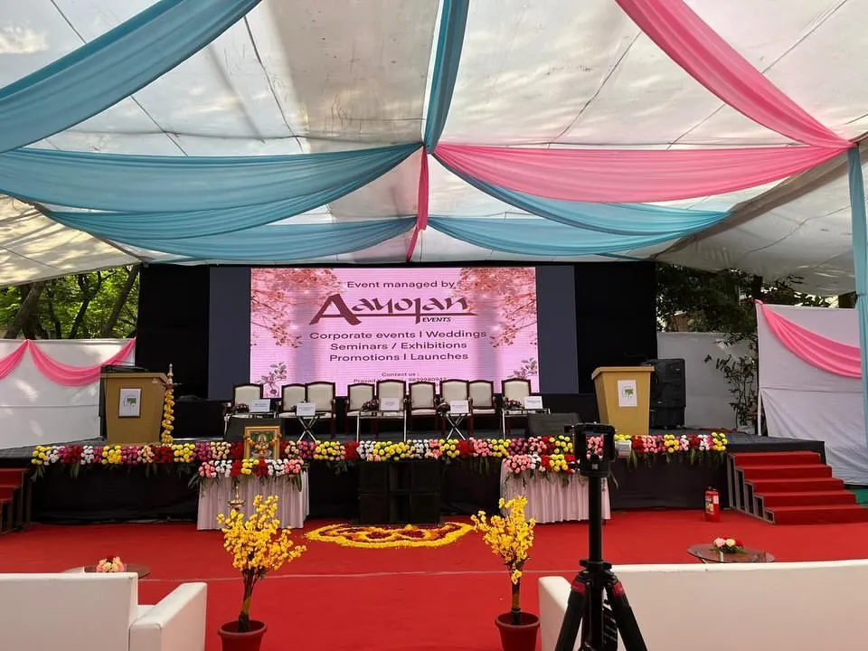 I handle prestigious institutional events with the professionalism they require. This is the stage setup for the IIT Bombay Convocation, featuring three 10x10 LED screens, formal seating for dignitaries, and elegant draping, all managed by my team for seven days.