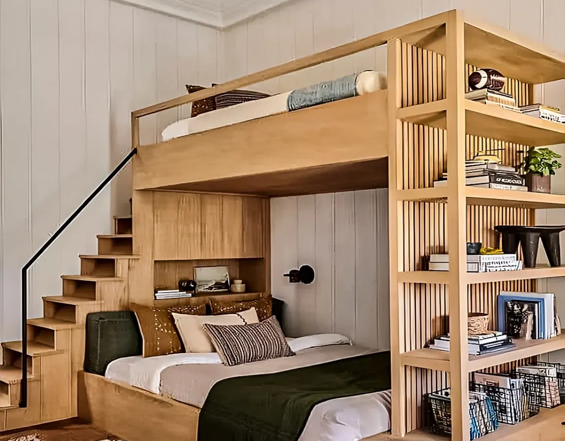 For this kids' bedroom, I focused on creating a fun, space-saving environment. This custom wooden bunk bed includes stairs that double as storage drawers, making the most of a compact room while adding a playful touch.