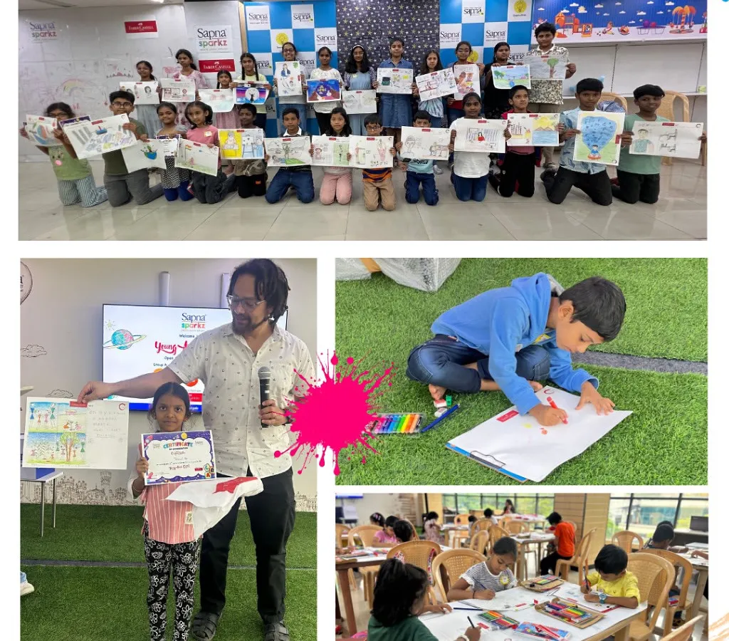 Look at these proud young artists! This is from our Young Artists Contest, where kids get to showcase their amazing talent. We love seeing them hold up their creations, a culmination of their focus, imagination, and hard work during our family art events.
