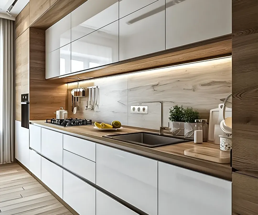 I designed this modern modular kitchen with a clean, linear aesthetic. It features high-gloss white laminate cabinets for a bright feel, paired with warm wood textures and under-cabinet LED lighting for a practical and stylish cooking environment.