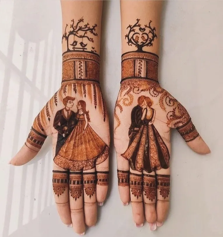 A modern take on bridal mehandi, this design features realistic portraits of the couple based on their engagement photos. I can capture your special moments, from a loving glance to a dance pose, creating a truly personal piece of art.