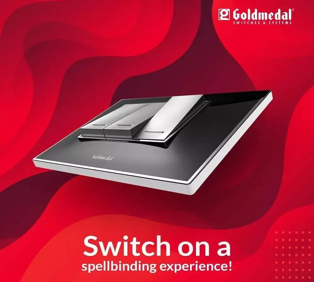 Elevate your interiors with the premium and sleek design of Goldmedal modular switches. This image showcases the sophisticated aesthetic that makes their products a top choice for modern homes and offices seeking a touch of class. We keep the Air, Curve, and Nixon ranges in ready stock.