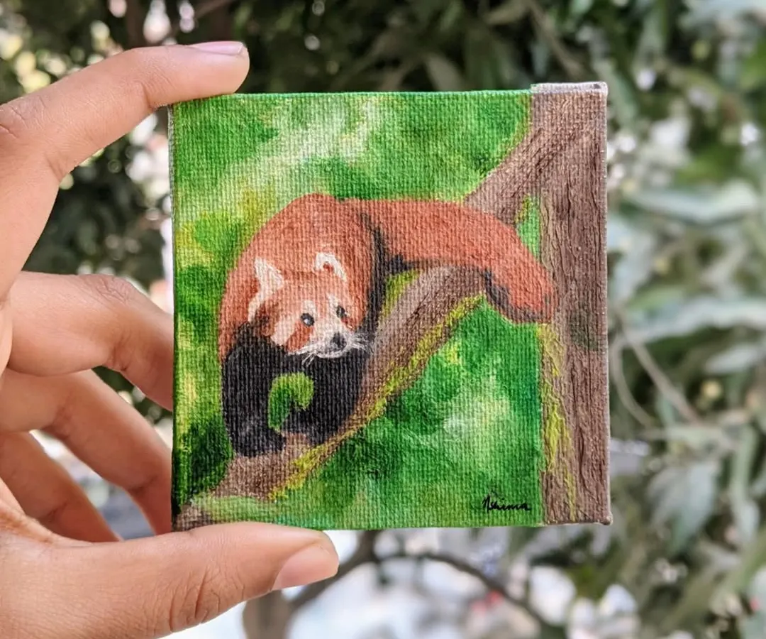 I was so happy painting this little guy. This is a miniature oil portrait of a Red Panda I saw on my trip to Darjeeling. Capturing the curious look in its eyes on a small 3x3 inch canvas was a fun challenge. I would love to paint your favorite animal too.