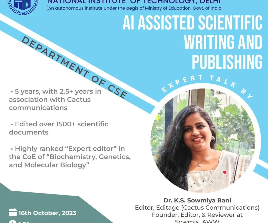 I was honored to deliver an expert talk at the National Institute of Technology (NIT), Delhi on one of my favorite topics: AI Assisted Scientific Writing and Publishing. My sessions focus on ethically using AI tools to enhance, not replace, your research and writing process.
