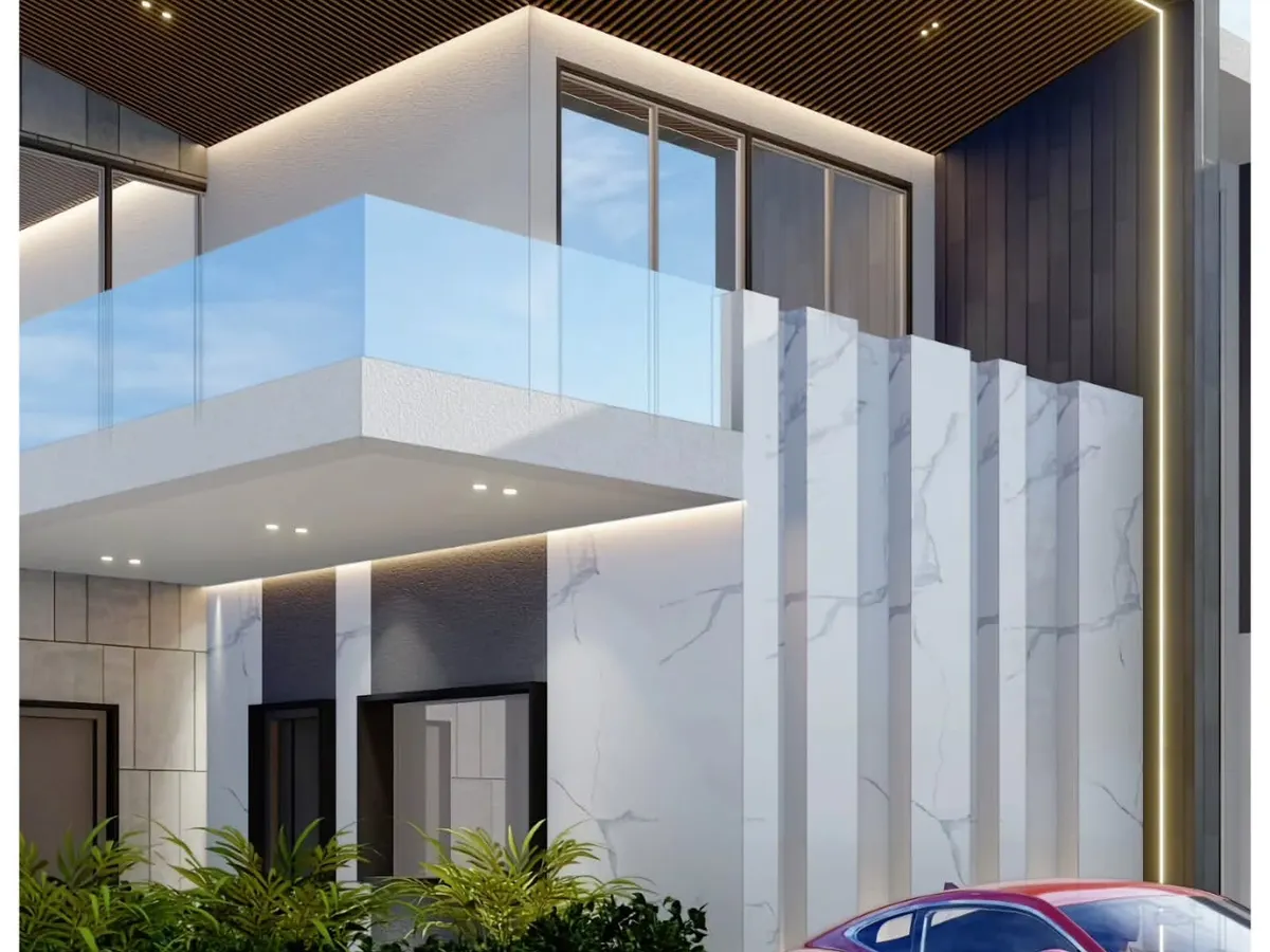 A render of a grand villa exterior, where I used clean lines, a marble-clad facade, and integrated lighting to achieve a look of minimalist elegance.