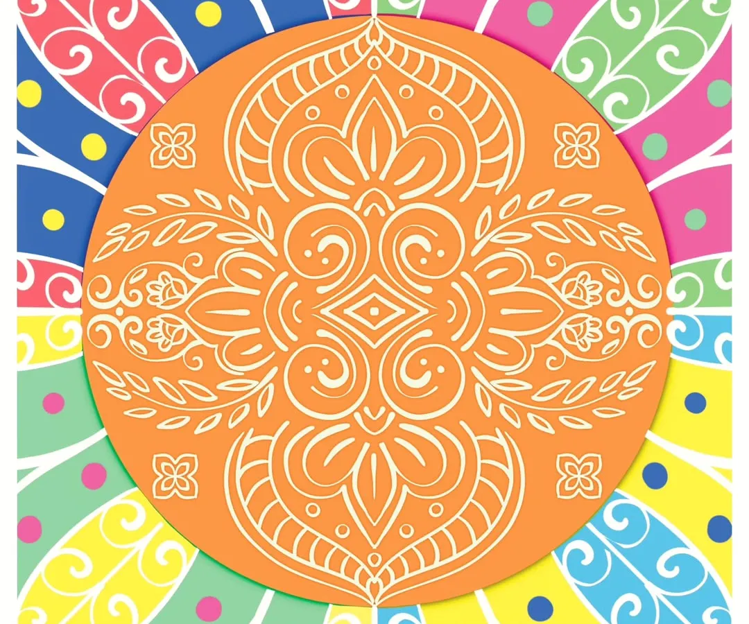 This vibrant digital mandala is an exercise in finding joy through simple shapes and bright colors. I created this piece on Procreate to show how zentangle-inspired patterns can feel both energetic and peaceful at the same time.