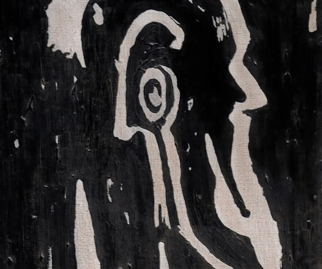 A truly unique work from my archives, this is F.N. Souza's 'Tribute to Rabindranath Tagore'. In this oil on canvas, Souza deviates from his usual style to honor the Nobel Laureate, embedding symbols of Tagore's own artistic motifs, like the capped Muslim man and Peruvian-inspired forms, into a powerful silhouette.