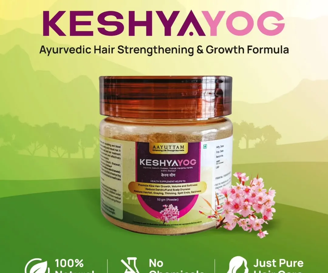This is my Keshya Yog, an Ayurvedic formula for strengthening hair from within. It is a 100% natural powder designed to nourish your roots, support growth, and give your hair a natural shine without any chemicals.